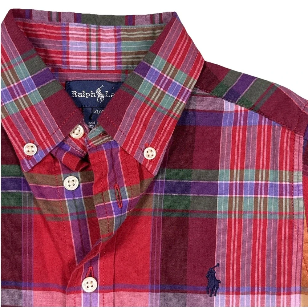 Ralph Lauren Boys 4 4T Plaid Long Sleeve Button Down Shirt Red Purple Green Pony